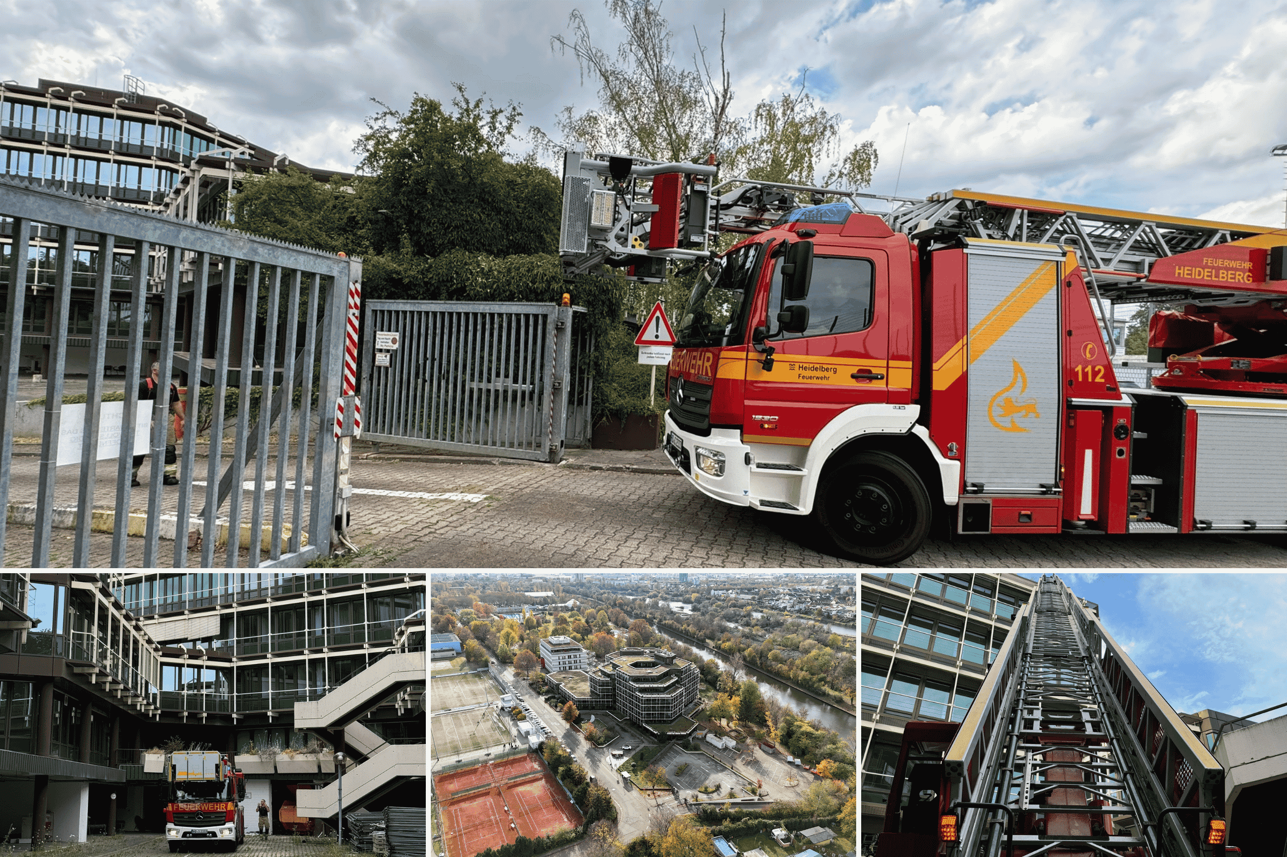 Vierteilige Bildcollage über einen Feuerwehreinsatz an einem modernen Bürogebäude: Gezeigt werden die Zufahrt des Drehleiterwagens, der Innenhof, eine Luftaufnahme des Geländes am Fluss und der Blick die ausgefahrene Leiter hinauf.