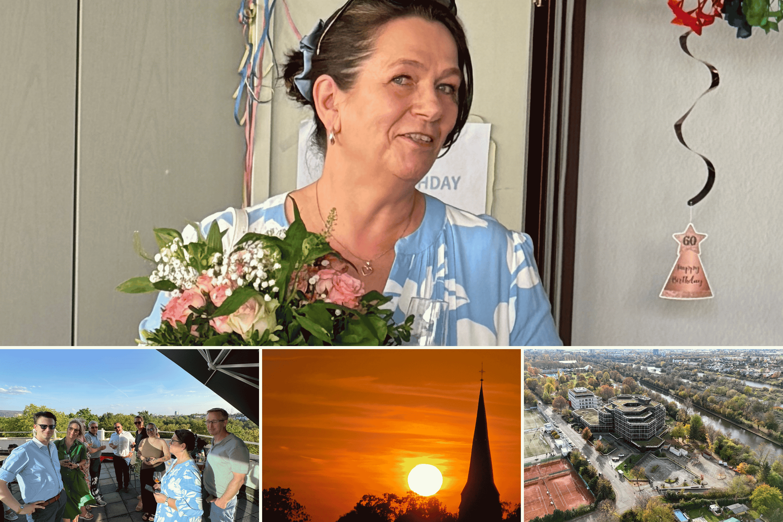 Fotocollage mit vier Motiven: Im großen oberen Bild hält eine Frau mit kurzen dunklen Haaren und blau-weißem Kleid einen Blumenstrauß und lächelt in die Kamera. Unten links steht eine Gruppe von Menschen auf einer Dachterrasse. In der Mitte ist ein Sonnenuntergang mit einer Kirchturmspitze zu sehen. Unten rechts zeigt eine Luftaufnahme einen modernen Gebäudekomplex in einer begrünten Stadtlandschaft.