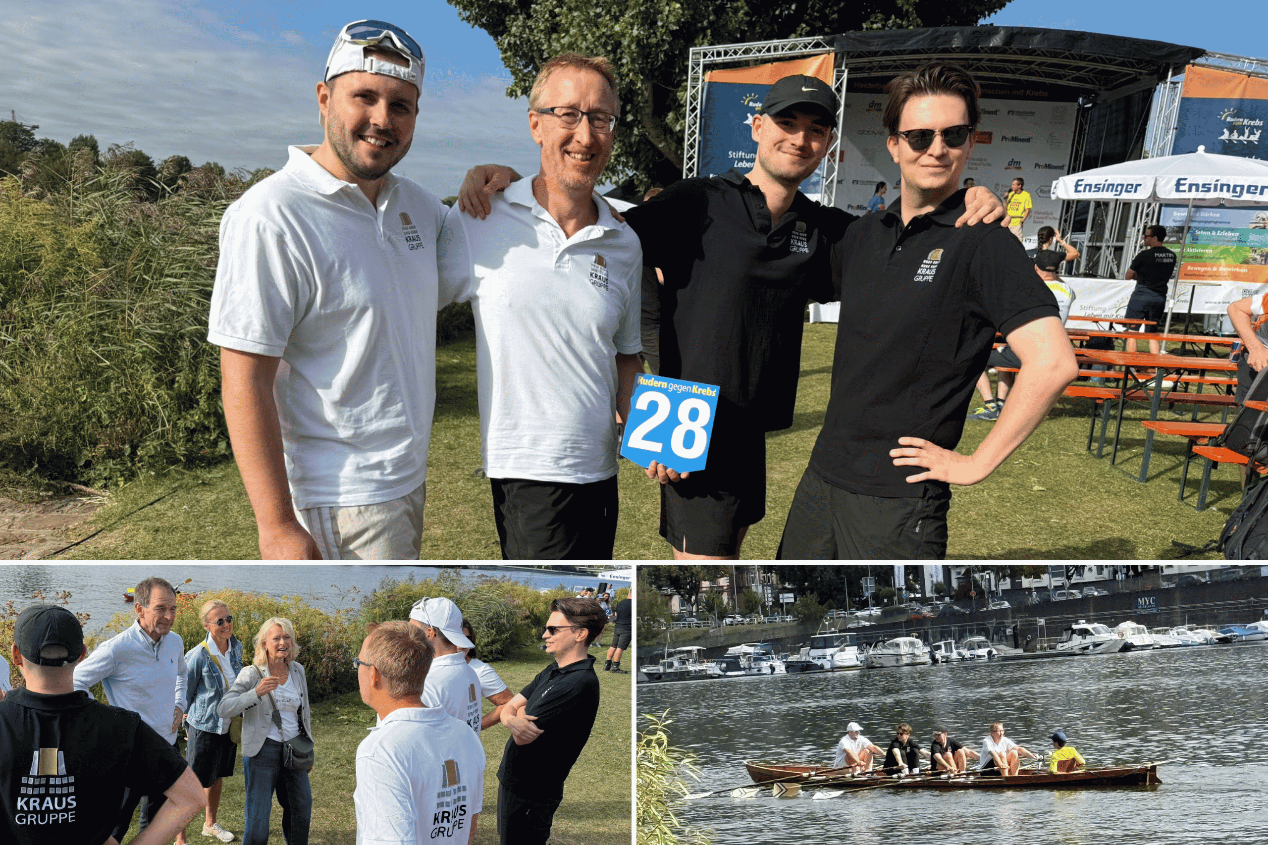 Fotocollage mit drei Szenen einer Ruder- bzw. Drachenbootveranstaltung: Oben stehen vier Männer gemeinsam vor dem Veranstaltungsgelände, einer hält ein blaues Schild mit der Nummer 28. Unten links unterhalten sich mehrere Teilnehmende am Ufer. Unten rechts rudert ein Team in einem Boot auf dem Fluss.
